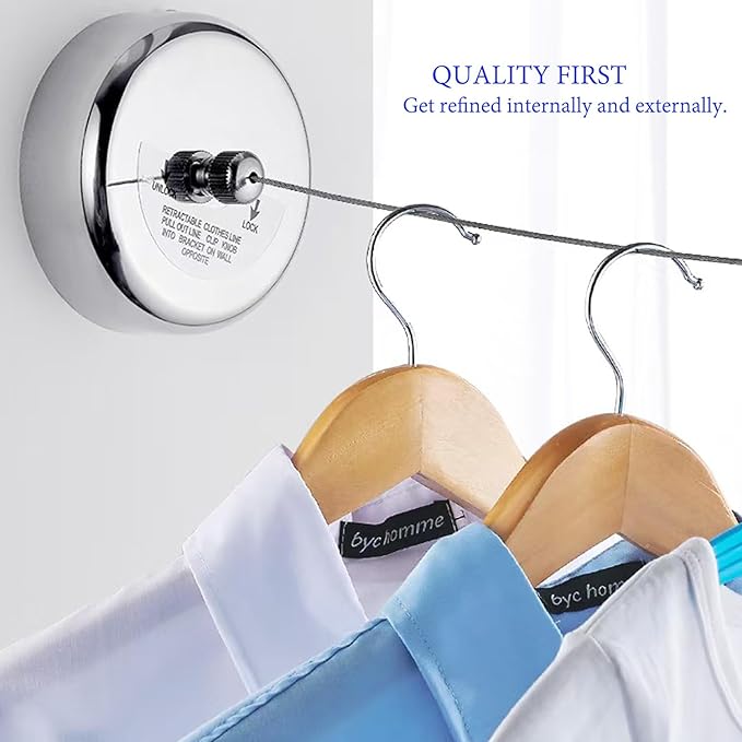 Clothes Line Retractable Clothesline of 304 Stainless Steel with Heavy Duty Adjustable Stainless Steel Wire Rope Retracting Clothes line Polished Chrome Finished