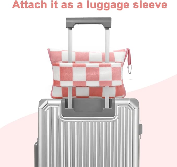 Travel Blanket and Pillow Compact, Premium Soft 2 in 1 Airplane Blanket with Soft Bag Pillowcase，Hand Luggage Sleeve and Backpack Clip (Ckeckered Pink)