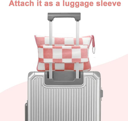 Travel Blanket and Pillow Compact, Premium Soft 2 in 1 Airplane Blanket with Soft Bag Pillowcase，Hand Luggage Sleeve and Backpack Clip (Ckeckered Pink)