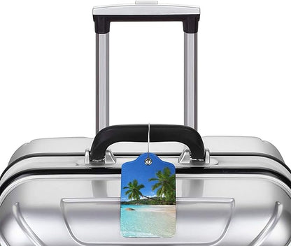 2Pcs Tropical Palm Trees Luggage Tags with Beach Landscape, Beautiful Identifier Labels with Blue Sky Background for Suitcase Baggage Bag, Travel Tags with Privacy Cover Id Card Stainless Steel Loop