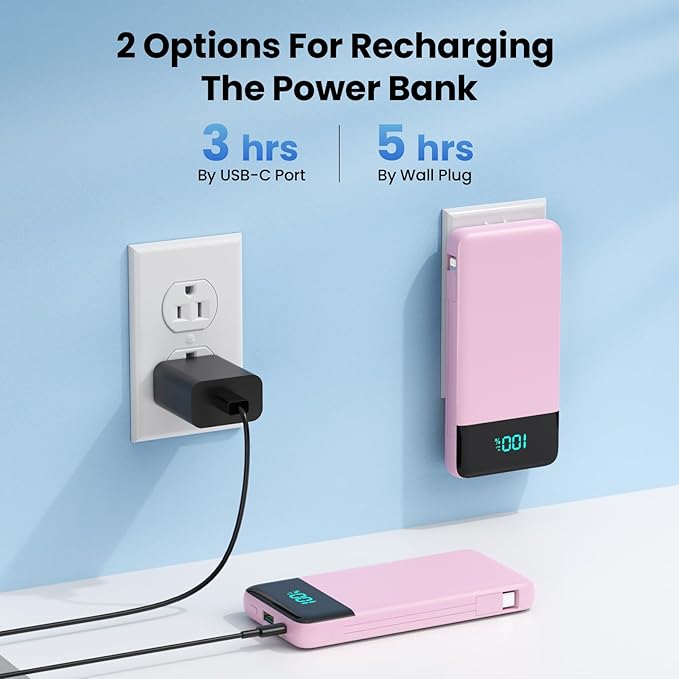 Portable Charger for iPhone with Built in Cables and Wall Plug,Upgraded 13800mAh Fast Charging USB C Power Bank,4 Outputs Travel Essential Battery Pack Compatible with iPhone 17/16/15/14,Samsung-Pink