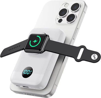Magnetic Portable Charger for iPhone,10800mAh 4-in-1 Power Bank with iWatch Charger,25W PD Fast Charging Battery Pack for Magsafe,iPhone 17/16/15/14/13/12 Series,Apple Watch,Travel Essential,White