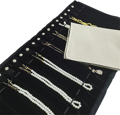 Portable Jewelry Roll Untangled Secure Necklace Travel Storage Bag Displays Holder 16 Chain (Gray PU and Black Velvet)
