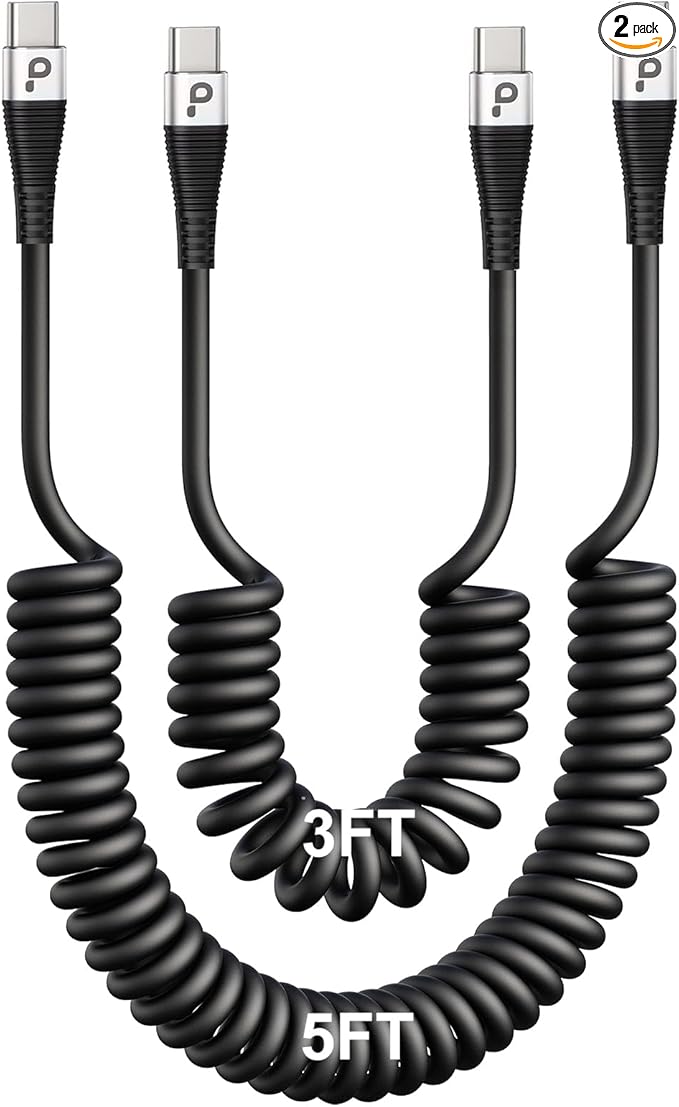 Coiled USBC to USBC Cables for Car 3FT/5FT, USB C to USB C Fast Charging Cables Short Type C Cord for iPhone 17/16/15/Pro/Plus/Pro Max/Samsung Galaxy S23, Compatible All Type C Devices-Silver 2Pack
