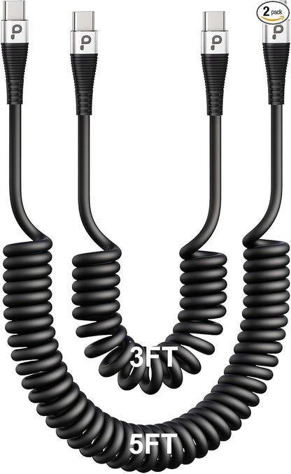 Coiled USBC to USBC Cables for Car 3FT/5FT, USB C to USB C Fast Charging Cables Short Type C Cord for iPhone 17/16/15/Pro/Plus/Pro Max/Samsung Galaxy S23, Compatible All Type C Devices-Silver 2Pack