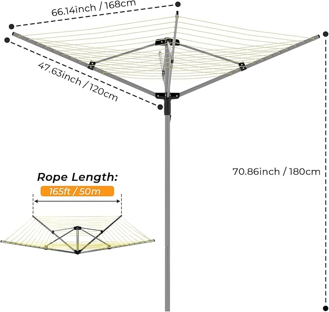 tonchean Outdoor Umbrella Drying Rack, 4-arm Rotary Umbrella Clothesline for Laundry, Adjustable Height Rotary Dryer Collapsible Clothes Drying Rack | 12-Lines with 165 ft. Clothesline