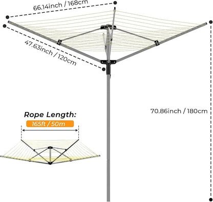 tonchean Outdoor Umbrella Drying Rack, 4-arm Rotary Umbrella Clothesline for Laundry, Adjustable Height Rotary Dryer Collapsible Clothes Drying Rack | 12-Lines with 165 ft. Clothesline