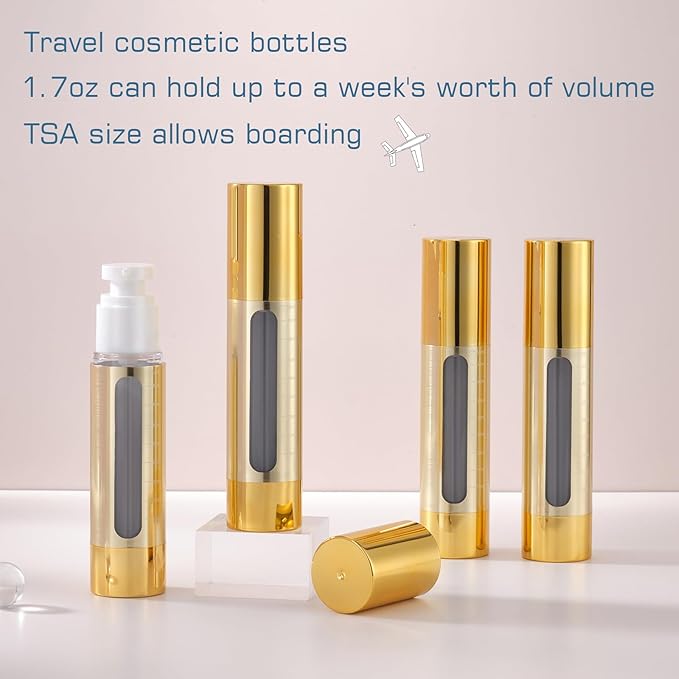 Gold, empty cosmetic pump bottle with travel bag, refillable, vacuum pump bottle for lotion, toner, foundation make-up, hair oil, hand sanitizer and other liquids, 7 pieces (1.7 oz/50ml)