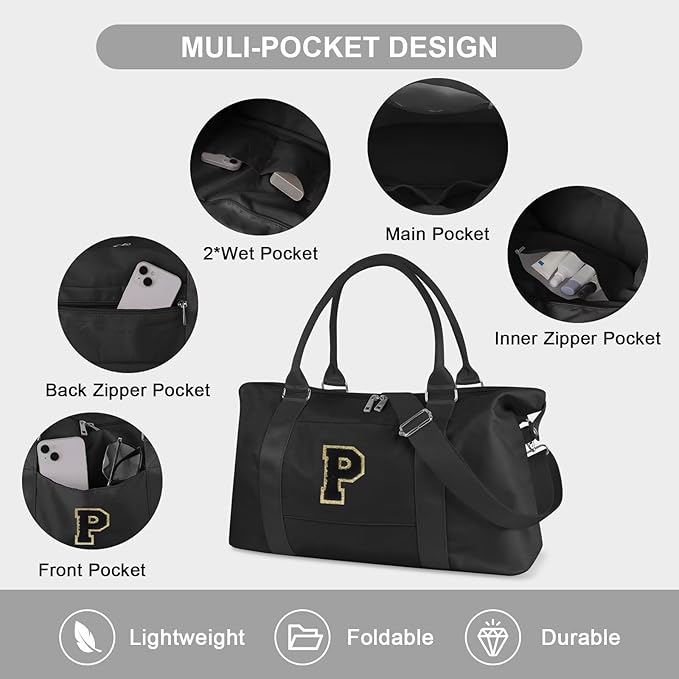 Dance Gym Duffel Bag for Teen Girls, Personalized Initial Travel Weekender Bag,Cute Overnight Carry On Duffle for Women,Sports Travel Cheer Bag,Monogram Christmas Gifts for Tween Preppy(black-P)