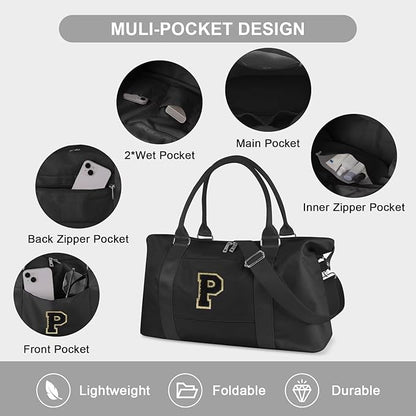 Dance Gym Duffel Bag for Teen Girls, Personalized Initial Travel Weekender Bag,Cute Overnight Carry On Duffle for Women,Sports Travel Cheer Bag,Monogram Christmas Gifts for Tween Preppy(black-P)