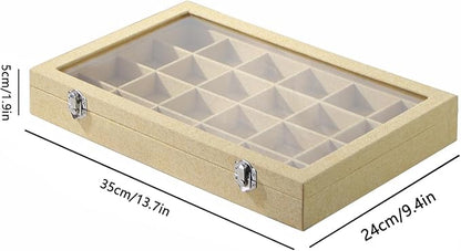 Coward Jewelry Organizer Box, Yellow Linen 24 Grids Ring Earring Jewelry Display Tray Case with Transparent Glass Lid for Home Drawer or Shop Selling