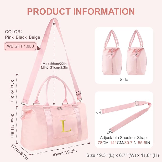 Personalized Initial Gym Dance Bag, Travel Duffel Bag for Teen Girls, Carry On Bag Overnight Weekender Bag with Trolley Sleeve, Birthday Gifts for Women Mom Daughter Graduation Gift(Letter L, Pink)