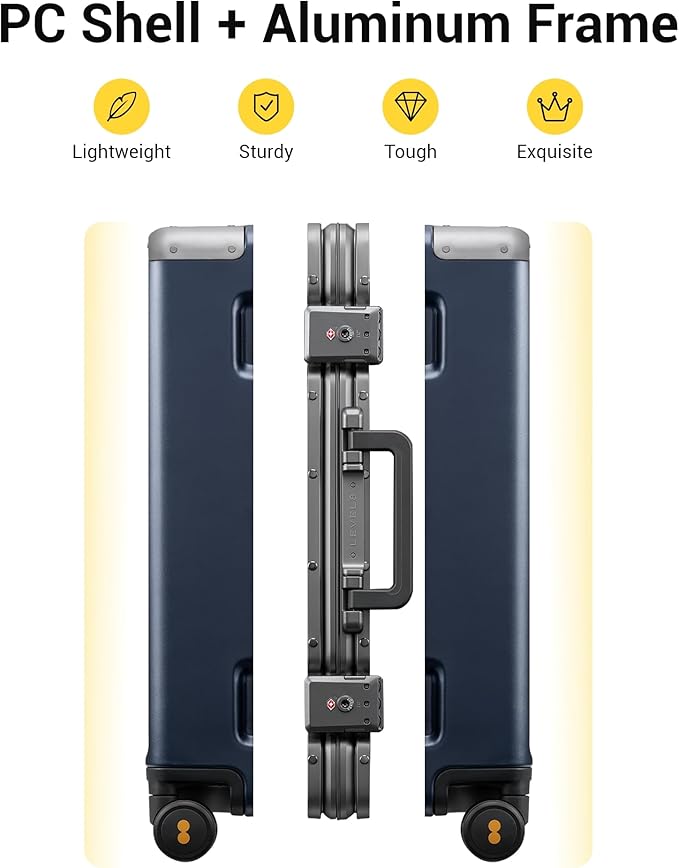 LEVEL8 Zipperless Checked Luggage with Aluminum Frame, Upgraded Medium Hardside Suitcase with Spinner Wheels, Metal Travel Luggage with Double Tsa Locks, 24 Inch, Blue