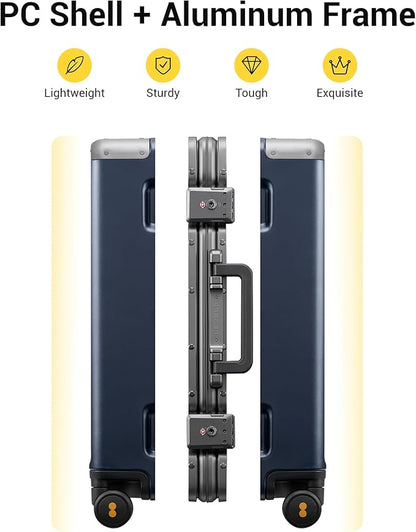 LEVEL8 Zipperless Checked Luggage with Aluminum Frame, Upgraded Medium Hardside Suitcase with Spinner Wheels, Metal Travel Luggage with Double Tsa Locks, 24 Inch, Blue