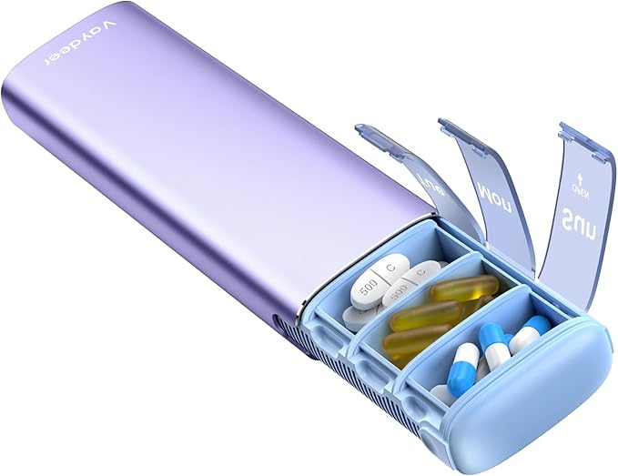 Vaydeer Metal Travel Pill Organizer – Compact Weekly Pill Box for Daily Medication – Portable Small Pill Case for Vitamins, Pills & Supplements (Purple)