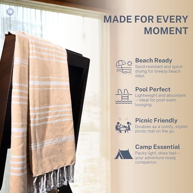 Cotton Turkish Beach Towel with Towels Oversized 36"x72" Pool Absorbent Extra Large Quick Dry Sand Travel Towel (Desert Sand, 4 Pack)