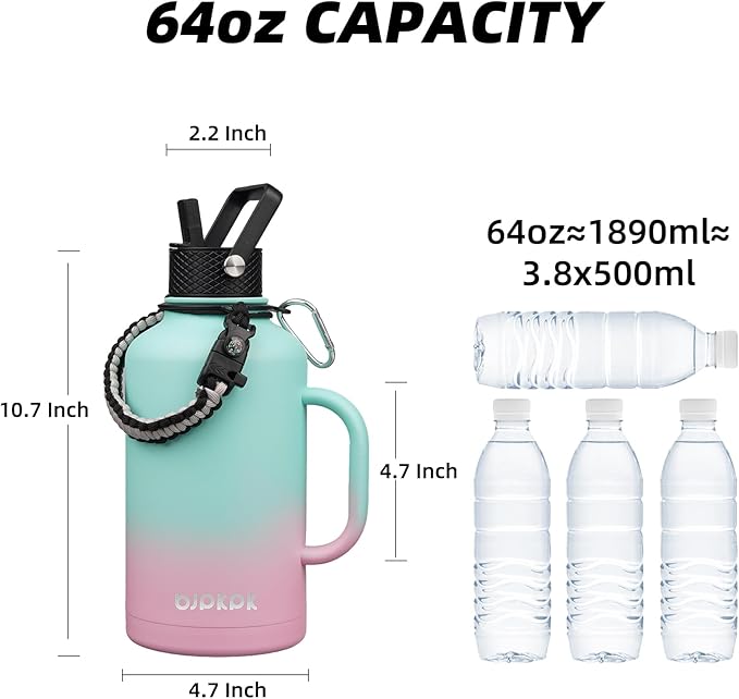 BJPKPK Half Gallon Insulated Water Bottles with Straw Lid & Side Handle, 50oz, 64oz, 87oz, 128oz Large, Stainless Steel Water Bottles with 3 Lids and Paracord Strap, Metal Water Jug,Marshmallow