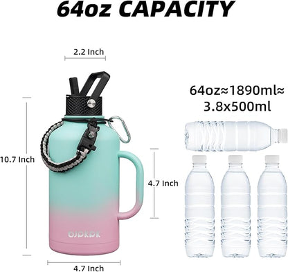 BJPKPK Half Gallon Insulated Water Bottles with Straw Lid & Side Handle, 50oz, 64oz, 87oz, 128oz Large, Stainless Steel Water Bottles with 3 Lids and Paracord Strap, Metal Water Jug,Marshmallow