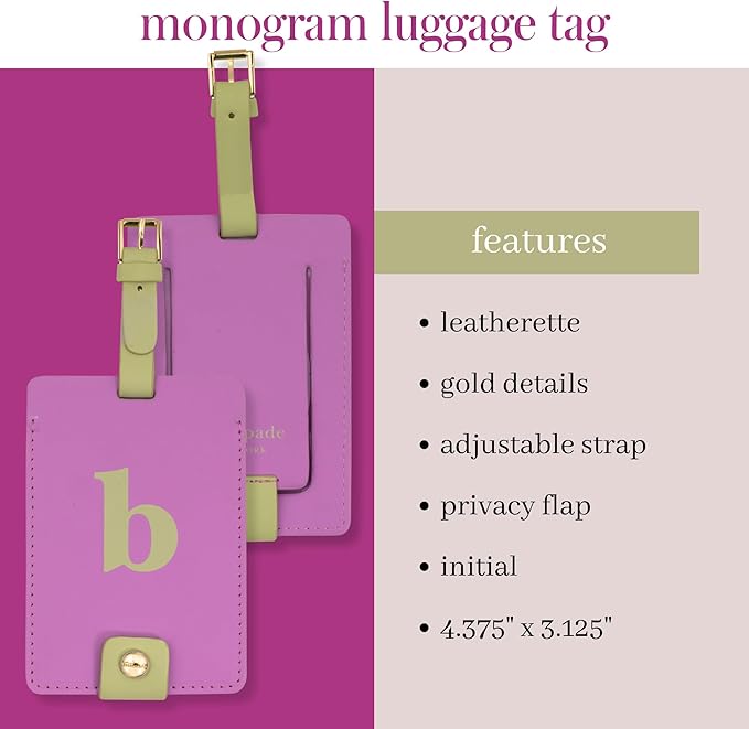 Kate Spade New York Leatherette Luggage Tag with Secure Strap, Colorful Suitcase Identifier for Travel, Monogram Bag Tag ID (B)