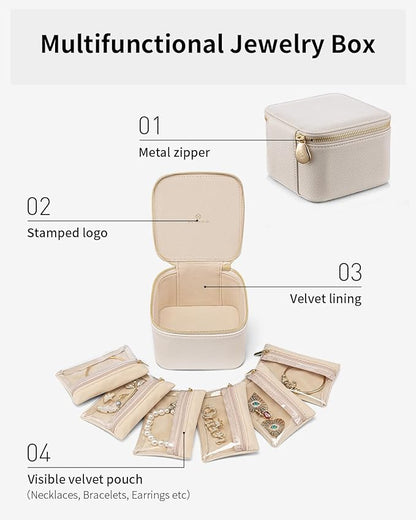 Vlando Small Jewelry Box Organizer,Travel Jewelry Storage with 6 Velvet Jewelry Zipper Pockets,Travel Jewelry Case Valentines Gifts Birthday Gifts for Women Girls (White)