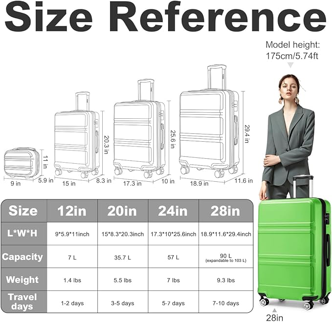 Kono 4 Piece Luggage Sets Expandable(only 28") with Spinner Wheels TSA Lock Lightweight PC+ABS Hardside Travel Rolling Suitcases 20in 24in 28in Carry on and 12in Mini Cosmetic Case Apple Green
