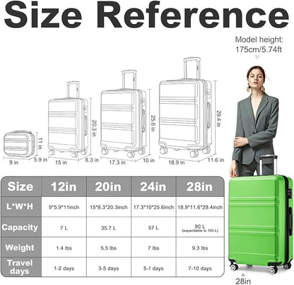 Kono 4 Piece Luggage Sets Expandable(only 28") with Spinner Wheels TSA Lock Lightweight PC+ABS Hardside Travel Rolling Suitcases 20in 24in 28in Carry on and 12in Mini Cosmetic Case Apple Green