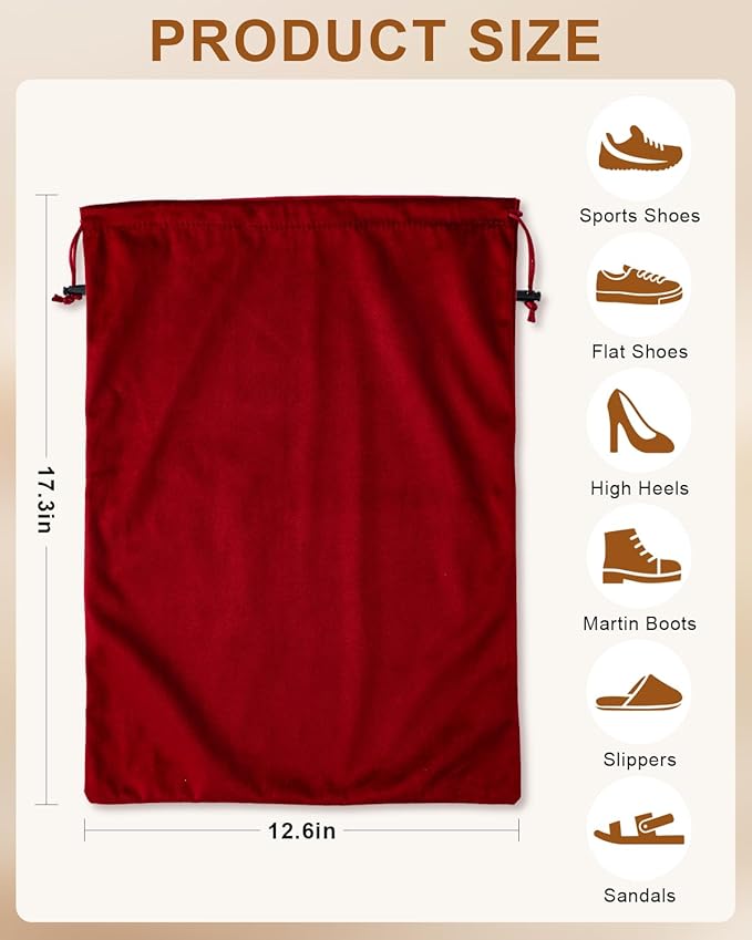 FantasyLife Shoe Bags for Travel, Washable Dust Bags for Storage & Packing, Flannel Shoe Pouch with Drawstring Closure for Purses, Handbags, Shoes & Toys (4, Rio Red)