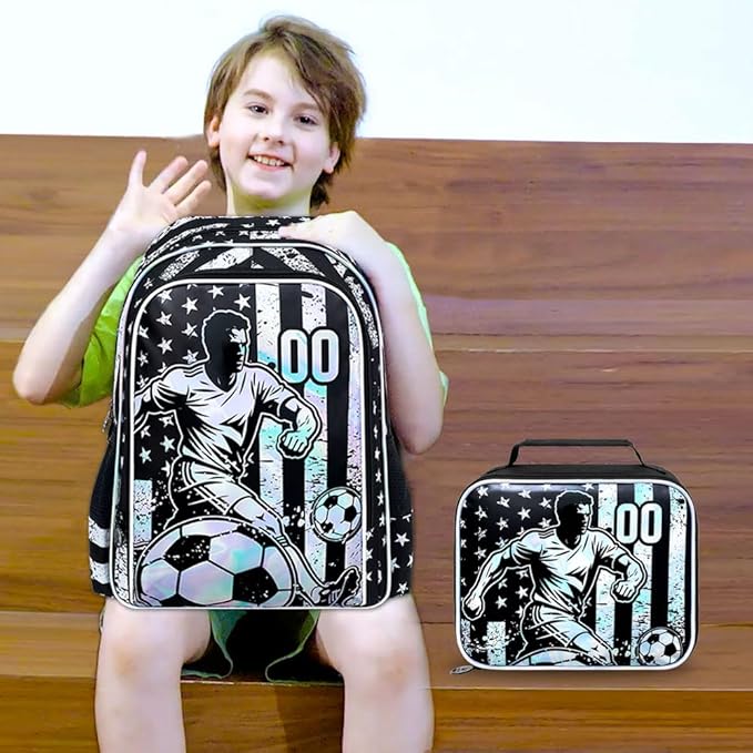 WZLVO 3PCS Kids Soccer Backpack Set, 17" Cool UV Printing Boys Bookbag/School Bag with Lunch Box & Pencil Bag for Elementary to Middle - Star-Spangled Soccer