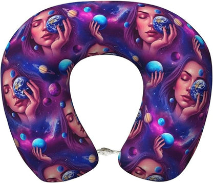 Neck Pillow Memory Foam Travel Pillows Comfortable for Airplane Flight Car Travel Office Nap and Sleeping, Funny Cushion for Head Shoulder Colorful Girl Eat Galaxy Candy