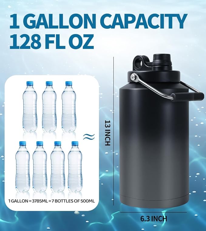 Insulated Water Bottle, 1 Gallon Jug with Handle, 128 oz Stainless Steel Large Water Bottle Wide Mouth Double Vacuum for Hot & Cold Drinks, Gradient Gray