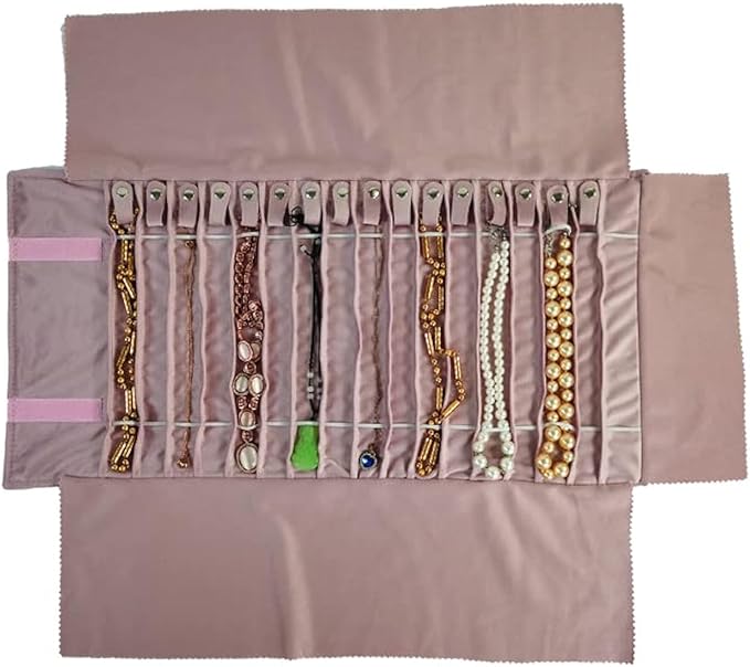 Portable Jewelry Roll Untangled Secure Necklace Travel Storage Bag Displays Holder 16 Chain (Embroidery Pink Velvet)
