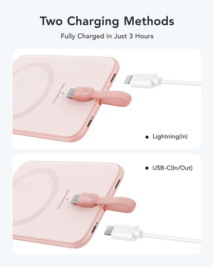 VEEKTOMX Slim Portable Charger, 5000mAh Lightweight Power Bank with Wired USB C Cable, Ultra Thin Battery Pack Compatible with iPhone 15/Plus/Pro/Pro Max/Samsung/Android(Non-Wireless Charging), Pink