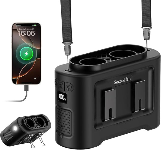 Socool 14500mAh Portable Waist Fan Clip on Wearable Belt Rechargeable Personal Fan, Dual Air Outlet, 40H Cooling 5-Speed Battery Operated Fans with Light, Neck Fan Hanging for Outdoor Camping Travel