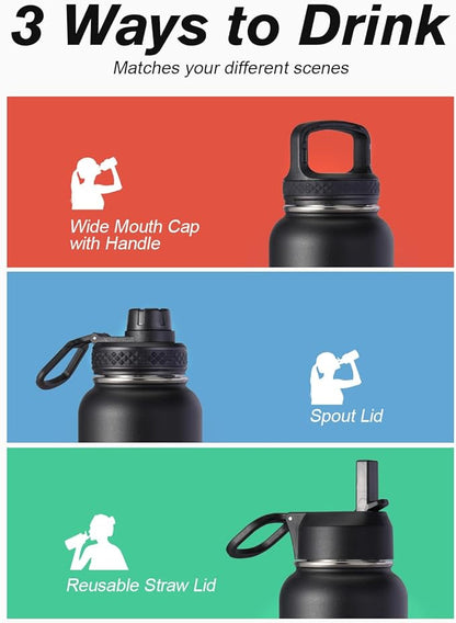 Water Bottle 40 oz Insulated with Straw&Brush, Coolflask Vaccum Stainless Steel Metal 3 Lids Water Flask for Sports, Gym or Office, Keep Cold 48H Hot 24H, Piano Night