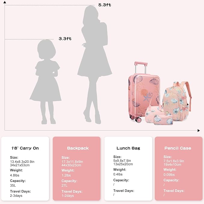Somago 4 Piece Kid's Luggage with Backpack Set for Boys Girls Spinner 18" Hardside PC Rolling Carry on Suitcase with TSA Lock (Seashell Pink)