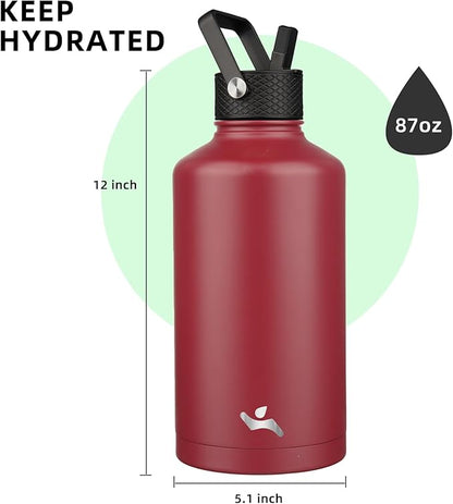 Insulated Water Bottle with Straw,87 oz 3 Lids Water Jug with Carrying Bag,Paracord Handle,Double Wall Vacuum Stainless Steel Metal Flask,Dark Red