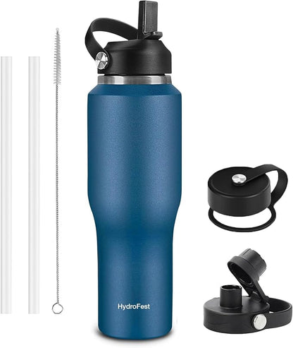 40oz Water Bottle Insulated with Straw,Leak Proof Water Bottles Fit in Car Cup Holder，Mens Water Bottle Stainless Steel for Gym,Hiking,Travel,Bpa free,Navy Blue