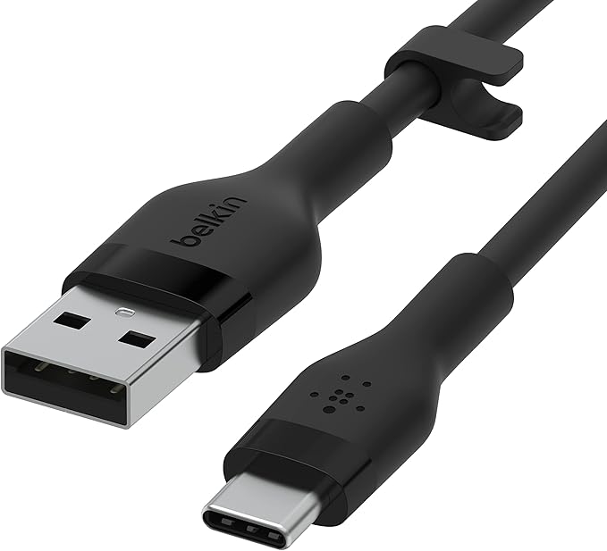 Belkin BoostCharge Flex Silicone USB-A to USB-C Cable (2M/6.6ft) for iPhone 16, iPhone 16 Pro, Galaxy S25, S24, Note, Pixel 9 & 8, Nintendo Switch 2, Carplay & More with Cable Clip - Black