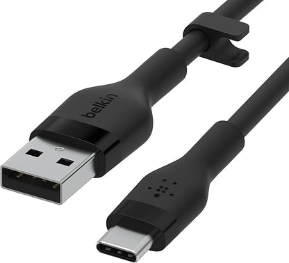 Belkin BoostCharge Flex Silicone USB-A to USB-C Cable (2M/6.6ft) for iPhone 16, iPhone 16 Pro, Galaxy S25, S24, Note, Pixel 9 & 8, Nintendo Switch 2, Carplay & More with Cable Clip - Black