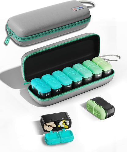 Weekly Pill Organizer 2 Times a Day, 7 Day Travel Medicine Pill Organizer with Moisture-Proof Silicone Lid, AM PM Daily Pill Bottle for Vitamins & Supplements, Pocket-Size Pill Case(Green)