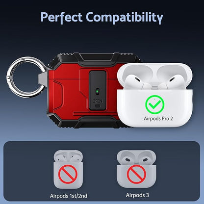 DASFOND Armor Earphone Cover Case for Airpods Pro 2, Military Grade Full Body Shockproof Protection Hard Case, Support Wireless Charging with Keychain, Magnetic Lid, Front LED Visible, Red