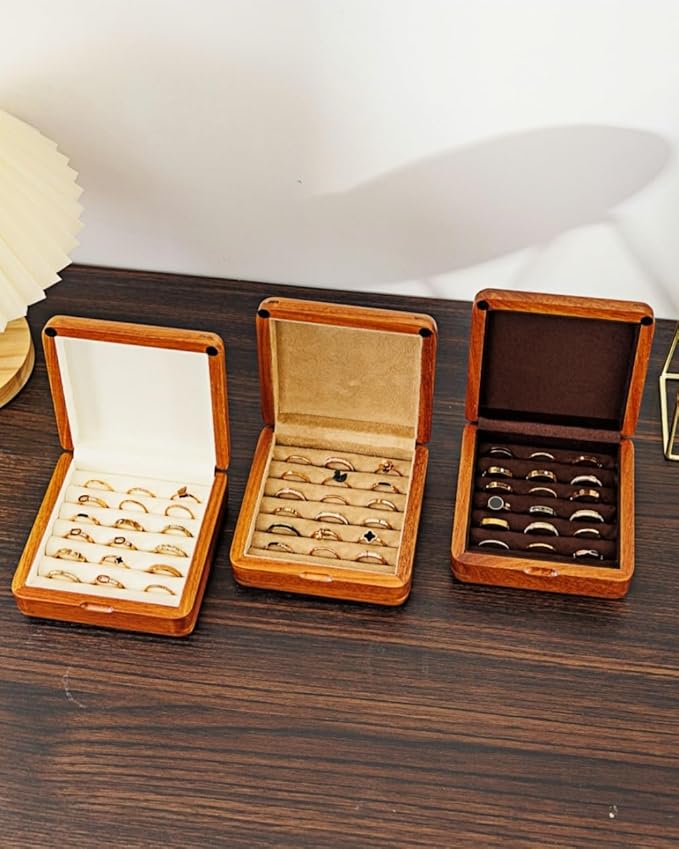 Jewelry Case Solid Wood Jewelry Organizer Box for Multiple Rings Cufflinks Earrings Portable Travel Storage Rings Case Wooden Holders Vintage Gift for Women Valentine Mother's Day Idea
