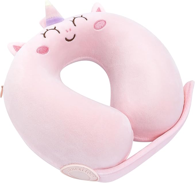 Car Pillow for Big Kids Travel Neck Pillows, Foam Neck Support Travelling Pillow with Washable Cotton Pillowcases and Storage Bag, for Airplane, Train, Flight and Home Use Unicorn Pink