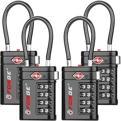 Forge TSA Approved Luggage Locks 4 Digit Combination TSA Travel Locks with TSA008, Open Alert Indicator, Zinc Alloy Body for Luggage, Suitcase, Backpack, and More. Black 4 Locks.