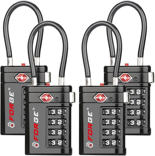 Forge TSA Approved Luggage Locks 4 Digit Combination TSA Travel Locks with TSA008, Open Alert Indicator, Zinc Alloy Body for Luggage, Suitcase, Backpack, and More. Black 4 Locks.