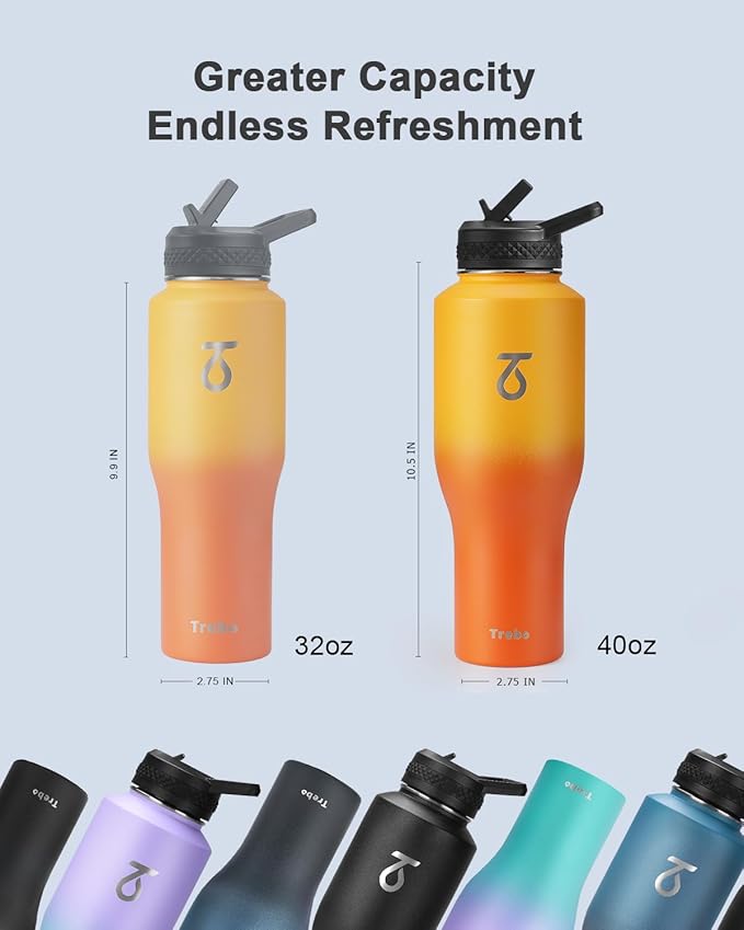 Trebo 40oz Insulated Water Bottle that Fits in Cup Holder, Stainless Steel Bottles Tumbler Double Wall Metal with Straw Spout Lids,Travel Flask with Paracord Handle, Sweat Proof Keep Cold &Hot,Orange