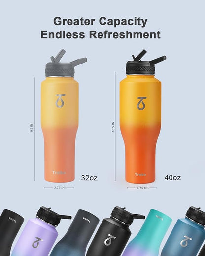 Trebo 40oz Insulated Water Bottle that Fits in Cup Holder, Stainless Steel Bottles Tumbler Double Wall Metal with Straw Spout Lids,Travel Flask with Paracord Handle, Sweat Proof Keep Cold &Hot,Orange