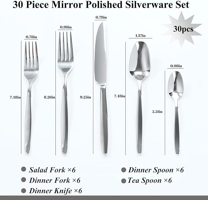 Silverware Set,30-Piece Stainless Steel Flatware Set for 6,18/0 Rust-Proof Cutlery Set with Forks & Spoons,Mirror Polished Dishwasher Safe - Heavy Duty Tableware for Wedding Housewarming