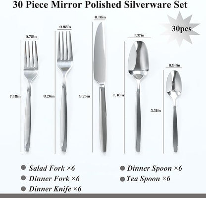 Silverware Set,30-Piece Stainless Steel Flatware Set for 6,18/0 Rust-Proof Cutlery Set with Forks & Spoons,Mirror Polished Dishwasher Safe - Heavy Duty Tableware for Wedding Housewarming