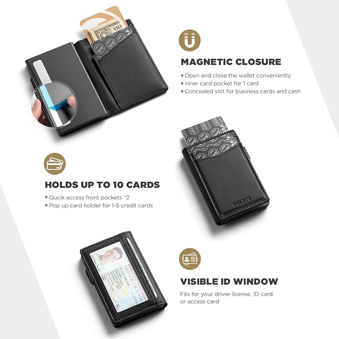 VULKIT Men's Wallet with ID Window Premium Leather Wallets RFID Blocking Minimalist Wallet Pop Up Card Holder Magnetic Closure